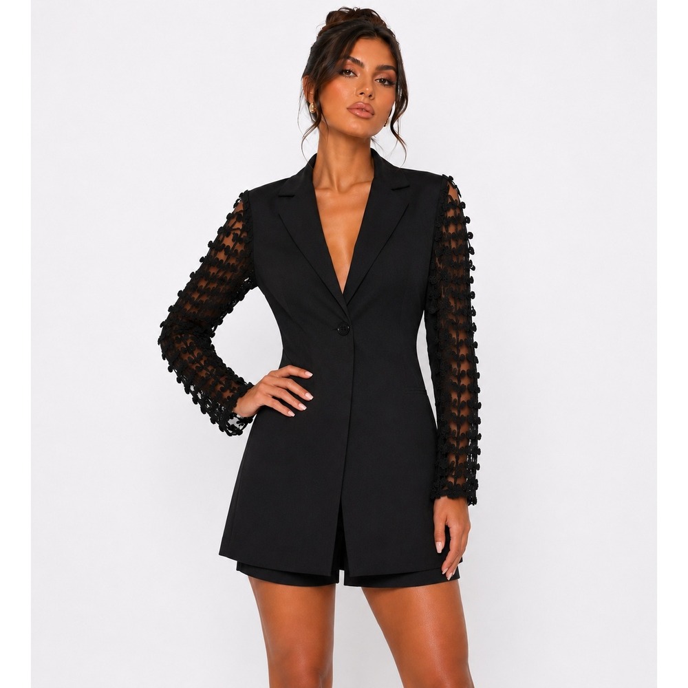 PrettyLittleThing Black Woven Lace Sleeve Cold Shoulder Blazer US 6 NEW